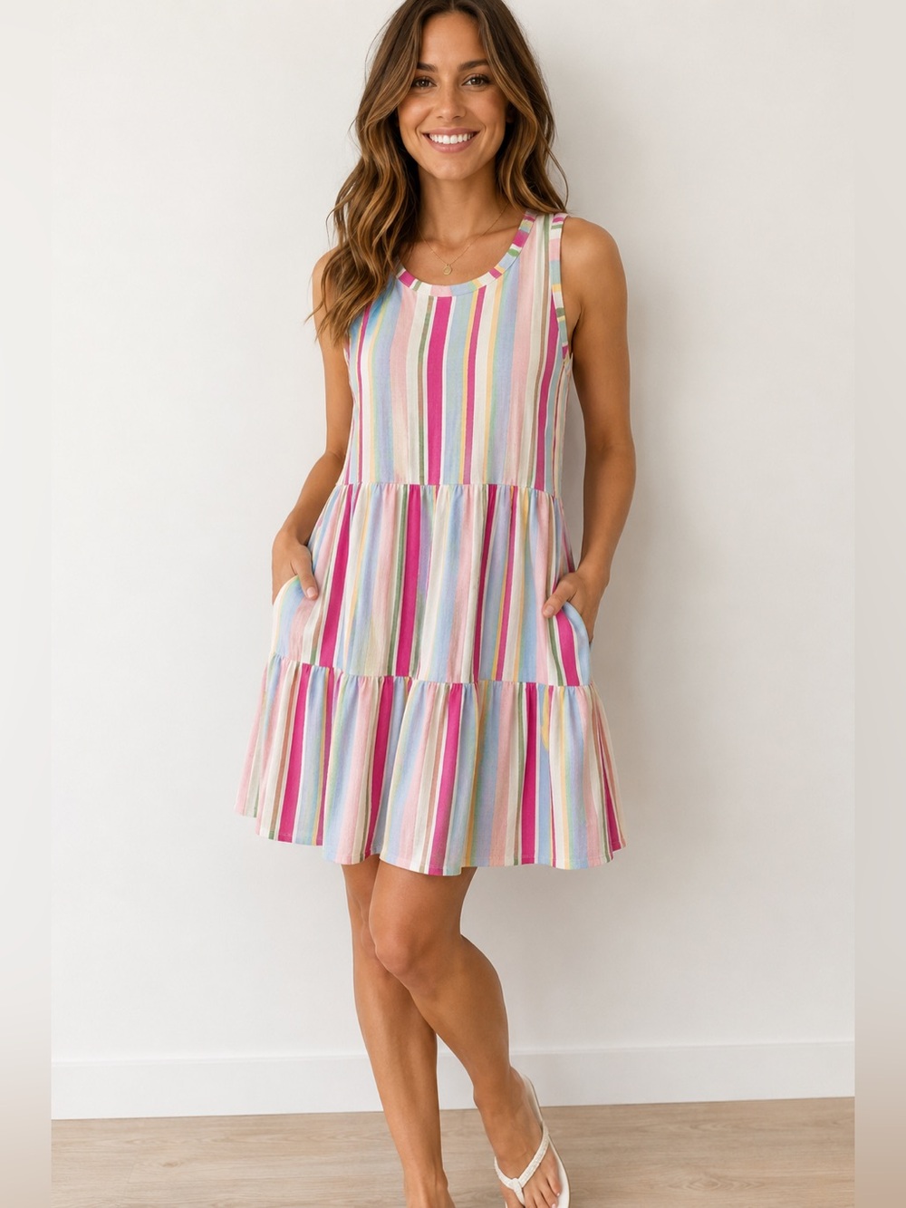 GAP Multi Stripe Tiered Tank Dress with Pockets Women’s Medium Pastel Summer